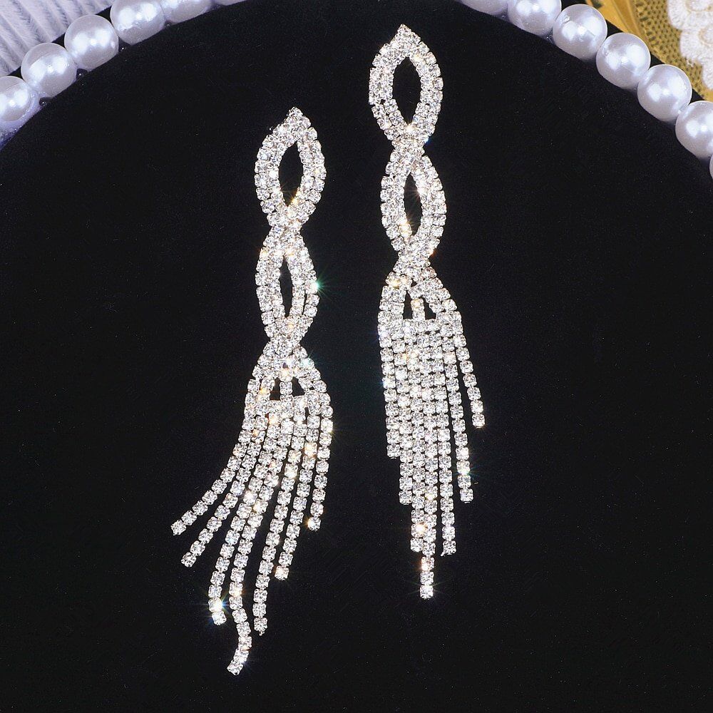 Elegant Silver Color Crystal Long Tassel Earrings, Shiny Rhinestone Drop Dangle Earrings For Women, Wedding Jewelry Gifts.#NP