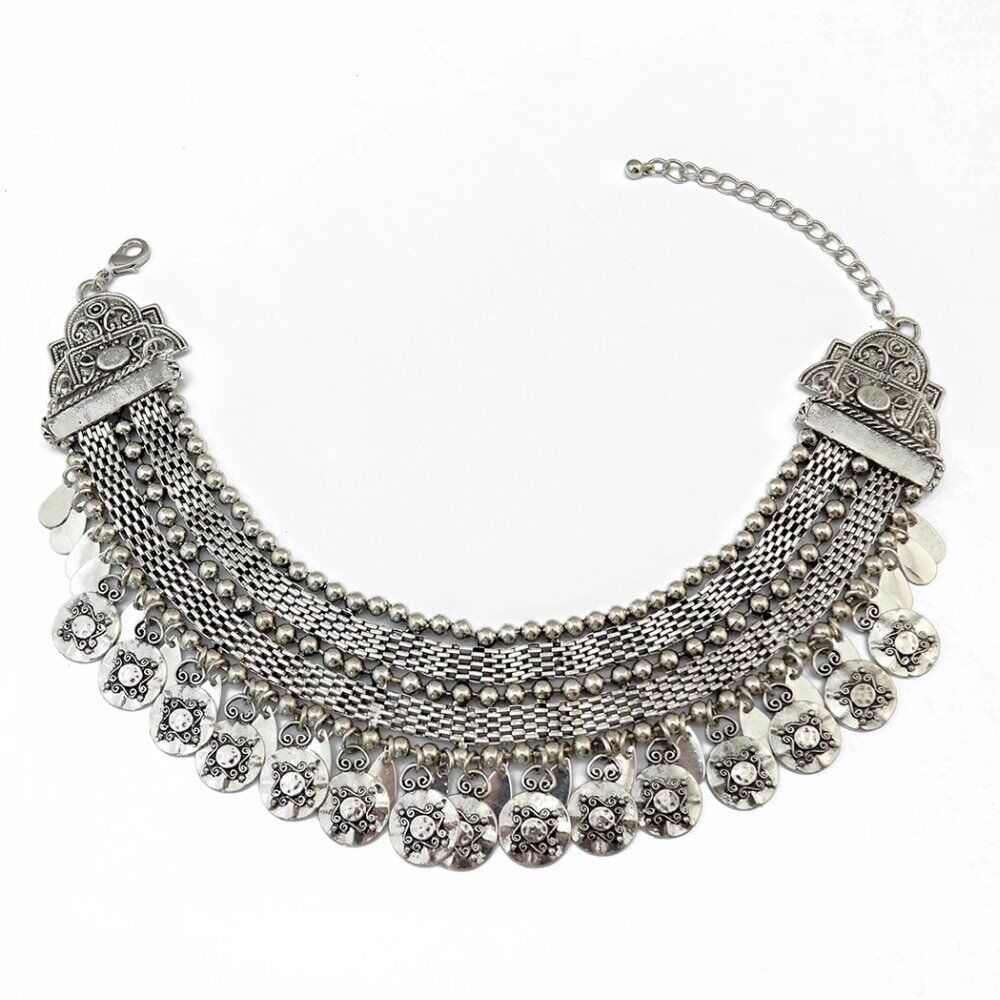 India Vintage Silver Coin Necklace & Drop Earrings Set, Women Turk Choker Necklace ,Afghan Jewelry # NP - Image 2