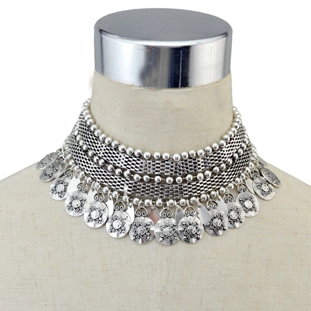 India Vintage Silver Coin Necklace & Drop Earrings Set, Women Turk Choker Necklace ,Afghan Jewelry # NP