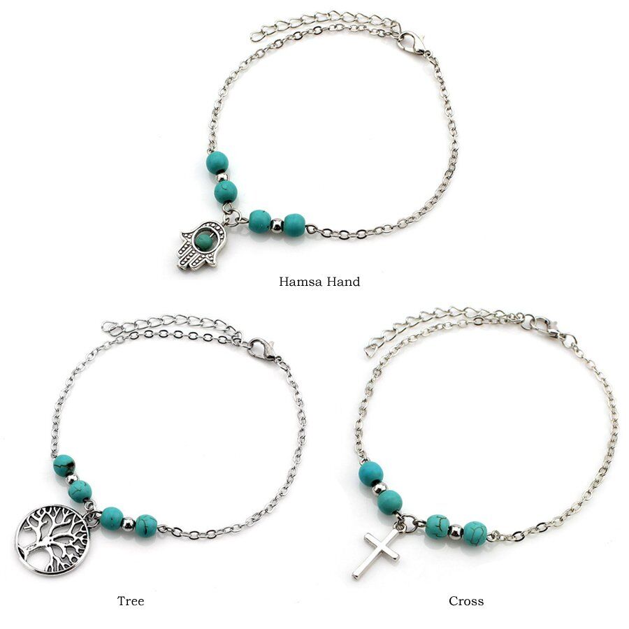 Sexy Barefoot Beach .Turquoises Anklets Women. Lovely Hand/Tree/Cross Silver Pendants/ Ankle Bracelets Foot Jewelry. # NP - Image 4