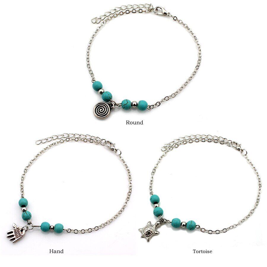 Sexy Barefoot Beach .Turquoises Anklets Women. Lovely Hand/Tree/Cross Silver Pendants/ Ankle Bracelets Foot Jewelry. # NP - Image 5