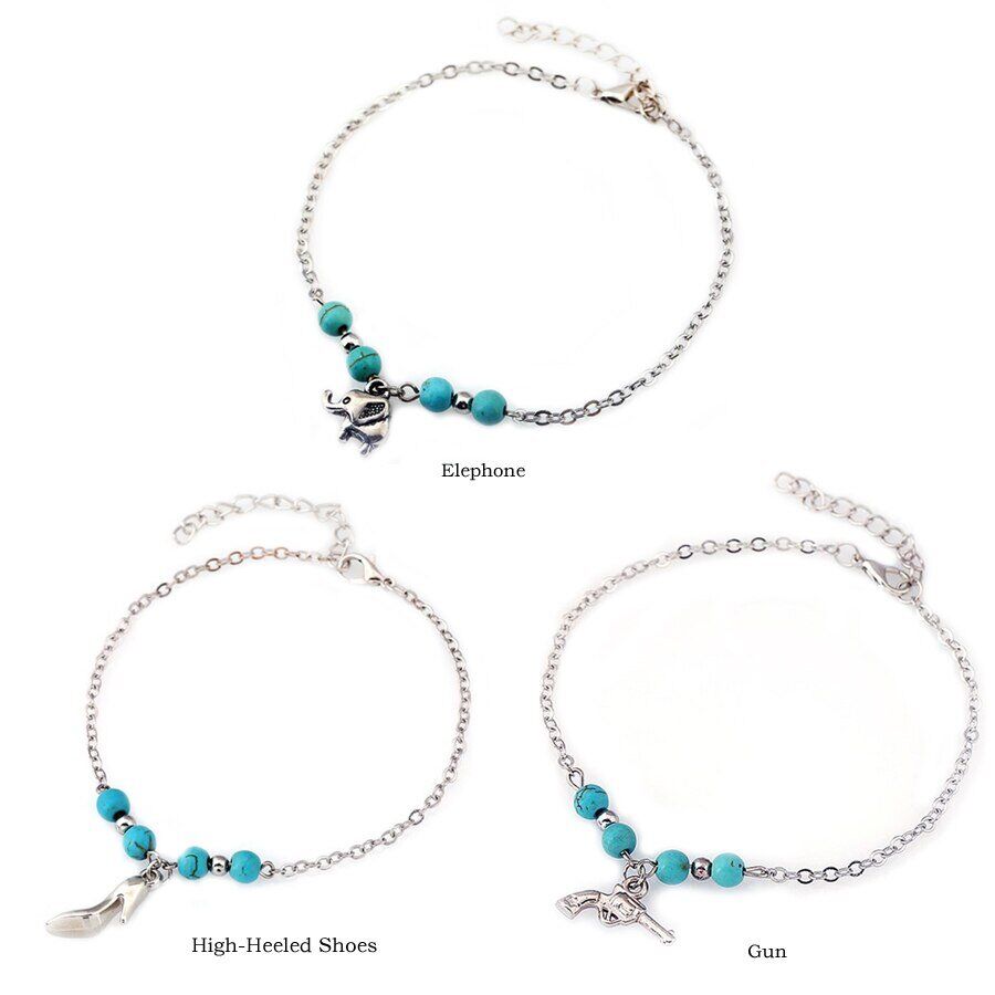Sexy Barefoot Beach .Turquoises Anklets Women. Lovely Hand/Tree/Cross Silver Pendants/ Ankle Bracelets Foot Jewelry. # NP - Image 6