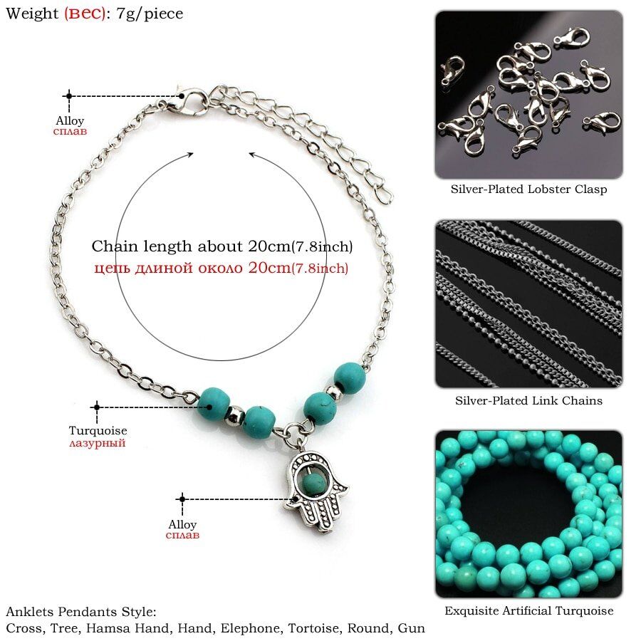 Sexy Barefoot Beach .Turquoises Anklets Women. Lovely Hand/Tree/Cross Silver Pendants/ Ankle Bracelets Foot Jewelry. # NP - Image 2