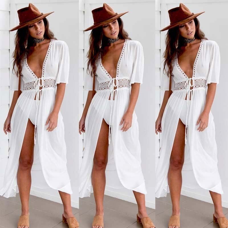 Summer Beach Dress, Women Paseos, Bikini Cover Up Tunic, Short Sleeve V Neck Maxi Robe, Beach Wear Swimwear # NP - Image 2