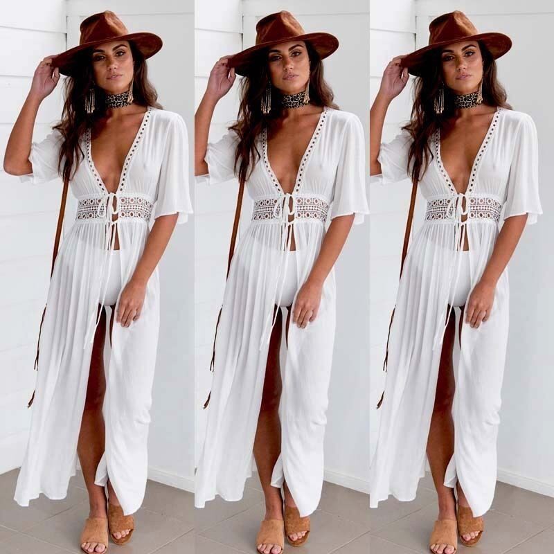 Summer Beach Dress, Women Paseos, Bikini Cover Up Tunic, Short Sleeve V Neck Maxi Robe, Beach Wear Swimwear # NP - Image 3