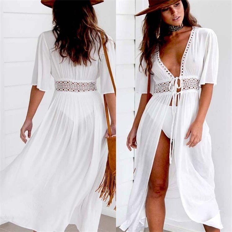 Summer Beach Dress, Women Paseos, Bikini Cover Up Tunic, Short Sleeve V Neck Maxi Robe, Beach Wear Swimwear # NP