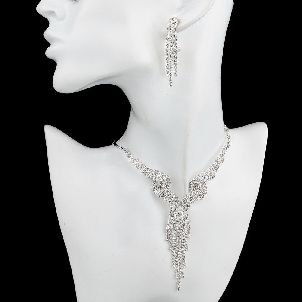 Wedding Jeweler Set. Crystal Bridal Jewelry Sets For Women. Long Tassel Statement Necklace/Earrings Set .# NP - Image 2