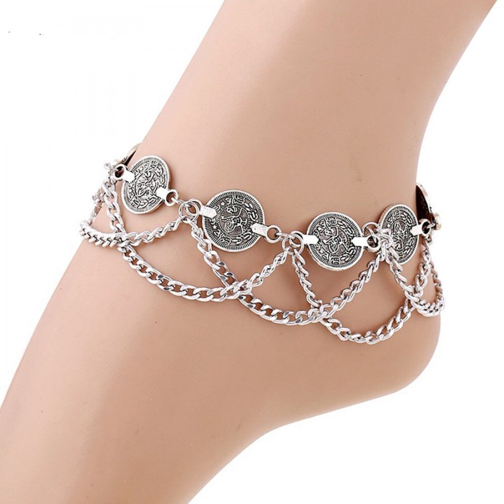 Vintage Silver Plated Anklets For Women, Coin Charms Tassels, Toe Ankle Bracelet ,Beach Chain Chevelle, Femme Foot Jewelry # NP - Image 4