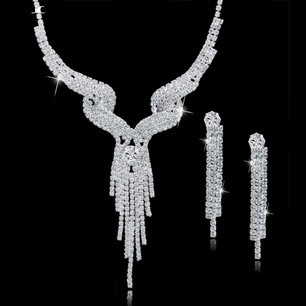 Wedding Jeweler Set. Crystal Bridal Jewelry Sets For Women. Long Tassel Statement Necklace/Earrings Set .# NP