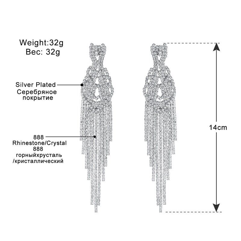 Silver Color Rhinestone Long Tassel, Hanging Earrings for Women, Super Big Bridal Drop Earrings ,Wedding Jewelry. #NP - Image 5