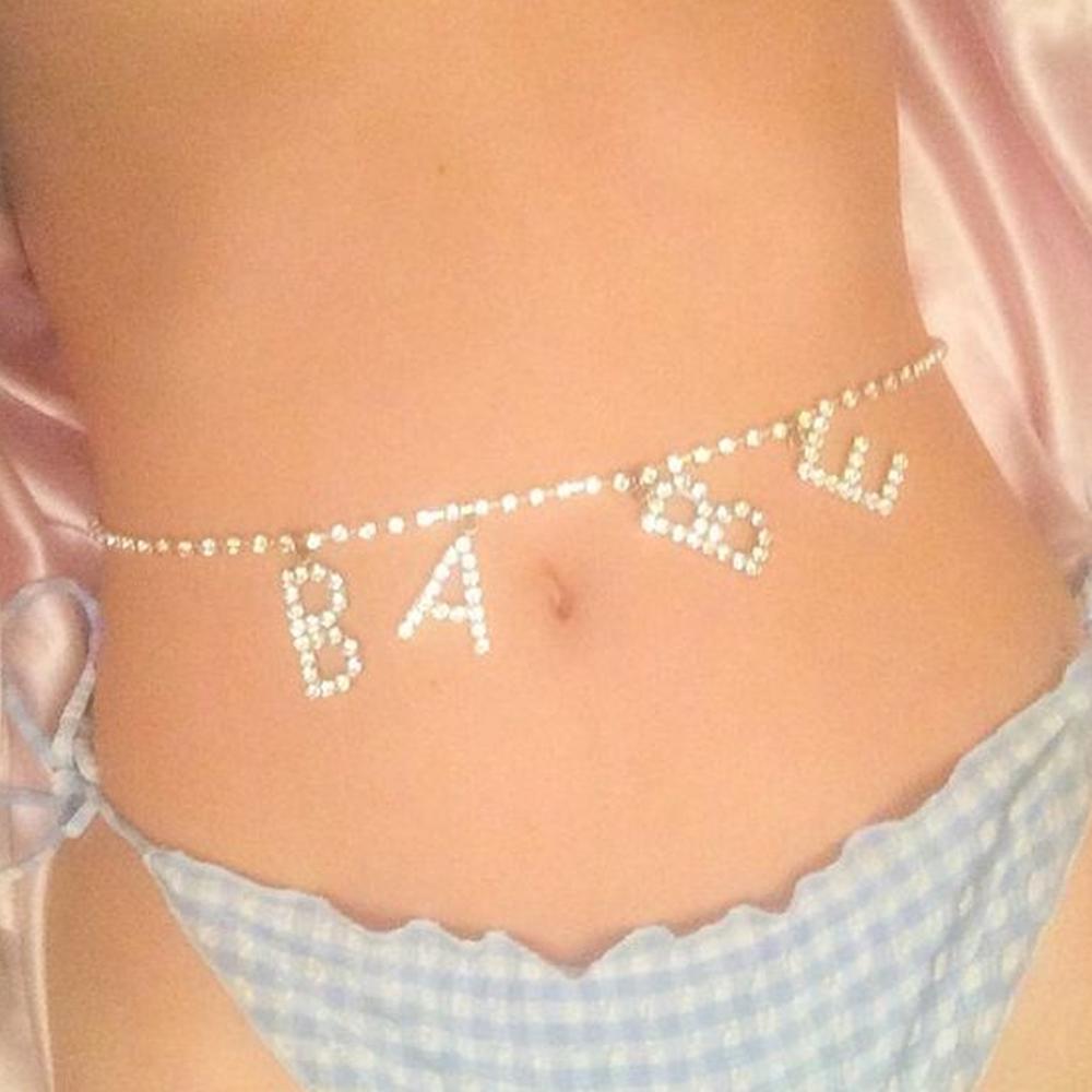 Rhinestone Letter Waist Chain , Belt Silver for Women, Chain Custom Word , ,Crystal Belly Chain . #NP - Image 2
