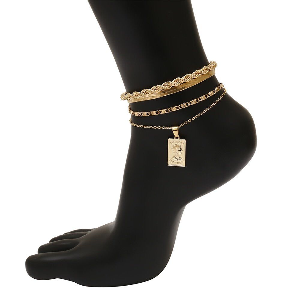4Pcs/Set Bohemian head portrait Pendant Anklet Set , Snake Chain Leg , Foot Bracelet Chunky Chain, Handmade Bracelet Set for Women. #NP - Image 5