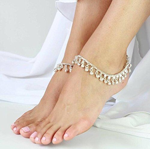 Women Silver Color Jewelry , Style Indian Traditional , Belly Dance Anklet,  with Jingling Bells-Toned Pendant Anklets.#NP