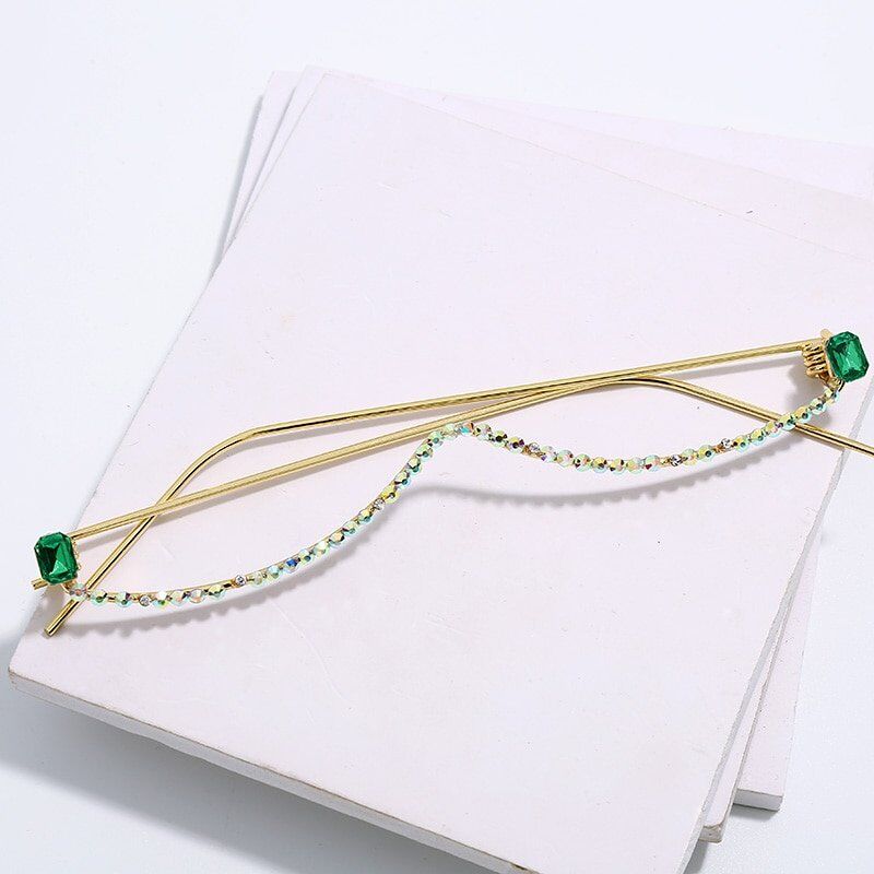 Luxury Fashion Diamond eyeglasses , Alloy Frame for Women , green and Red Pink Gem Lensless Chain, Pendant Half Frame glasses #NP - Image 4