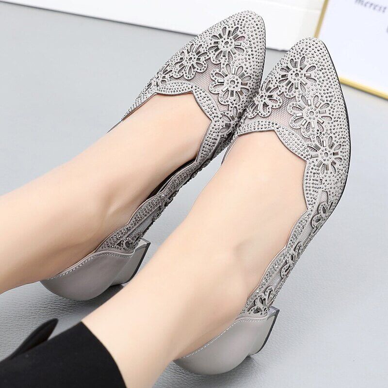 Summer Hollow Out Genuine Leather Pumps , Med Heels Square, Point Toe , Crystal Mesh , Ladies Office Shoes #NP - Image 2