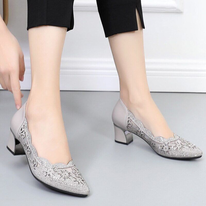 Summer Hollow Out Genuine Leather Pumps , Med Heels Square, Point Toe , Crystal Mesh , Ladies Office Shoes #NP - Image 3