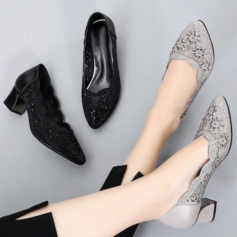Summer Hollow Out Genuine Leather Pumps , Med Heels Square, Point Toe , Crystal Mesh , Ladies Office Shoes #NP - Image 4
