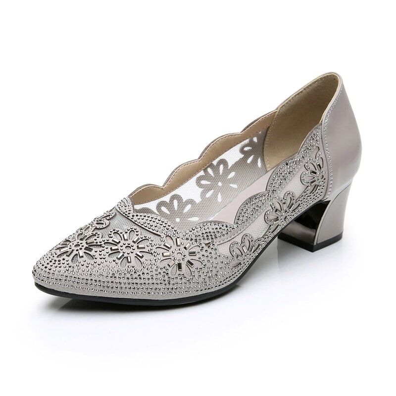 Summer Hollow Out Genuine Leather Pumps , Med Heels Square, Point Toe , Crystal Mesh , Ladies Office Shoes #NP - Image 5