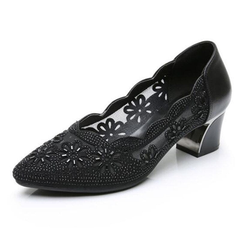Summer Hollow Out Genuine Leather Pumps , Med Heels Square, Point Toe , Crystal Mesh , Ladies Office Shoes #NP - Image 6