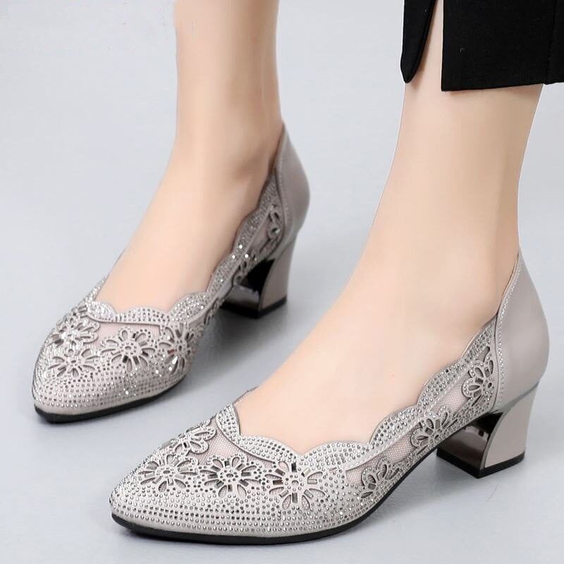 Summer Hollow Out Genuine Leather Pumps , Med Heels Square, Point Toe , Crystal Mesh , Ladies Office Shoes #NP