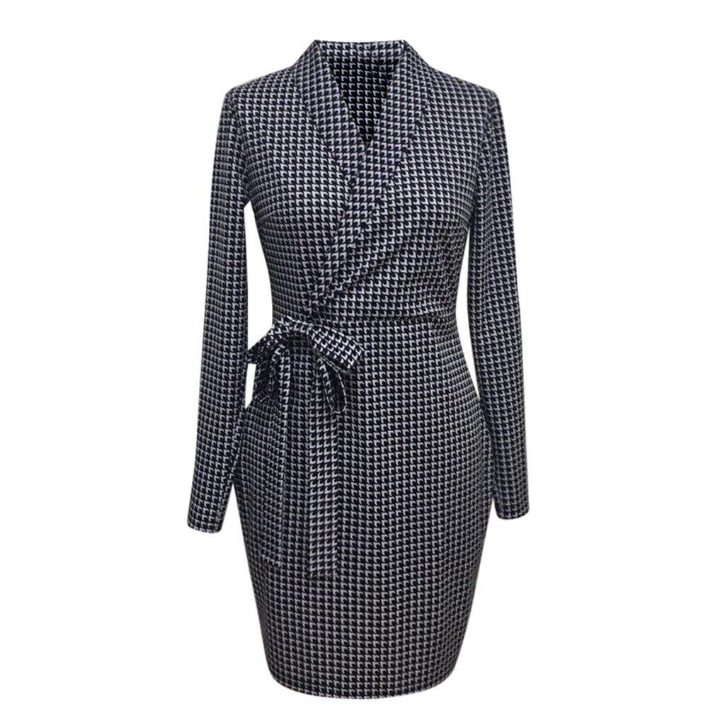 Office Lady Dress , Work Dress , Women's Professional Plaid Stitching Long-sleeved, Sexy V-neck Empire ,Tie Formal Suit. #NP - Sanbro Office Lady Dress , Work Dress , Women's Professional Plaid Stitching Long-sleeved, Sexy V-neck Empire ,Tie Formal Suit. #NP - Sanbro