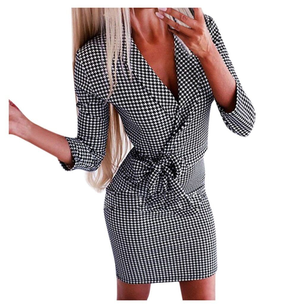 Office Lady Dress , Work Dress , Women's Professional Plaid Stitching  Long-sleeved, Sexy V-neck Empire ,Tie Formal Suit. #NP - Sanbro