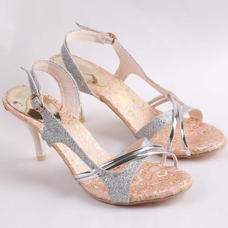 Women Sandal , Thin High Heels Sandals, Gold Ladies Summer Shoes , Gladiator Heels , open toe , Hollow Out Bling Glitter PU #NP - Image 4