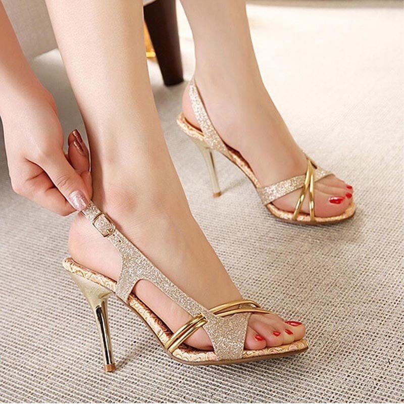 Women Sandal , Thin High Heels Sandals, Gold Ladies Summer Shoes , Gladiator Heels , open toe , Hollow Out Bling Glitter PU #NP - Image 6