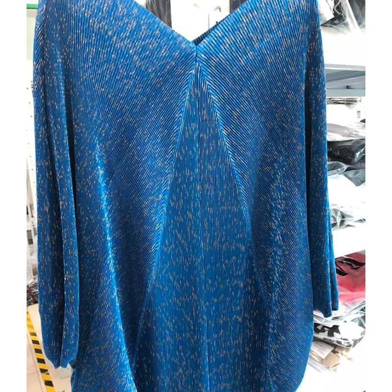 2021 New Women Autumn Loose Dress, Pleated Short Batwing ,Sleeve V Neck ,Mid Calf ,Length Large Size #NP - Image 3