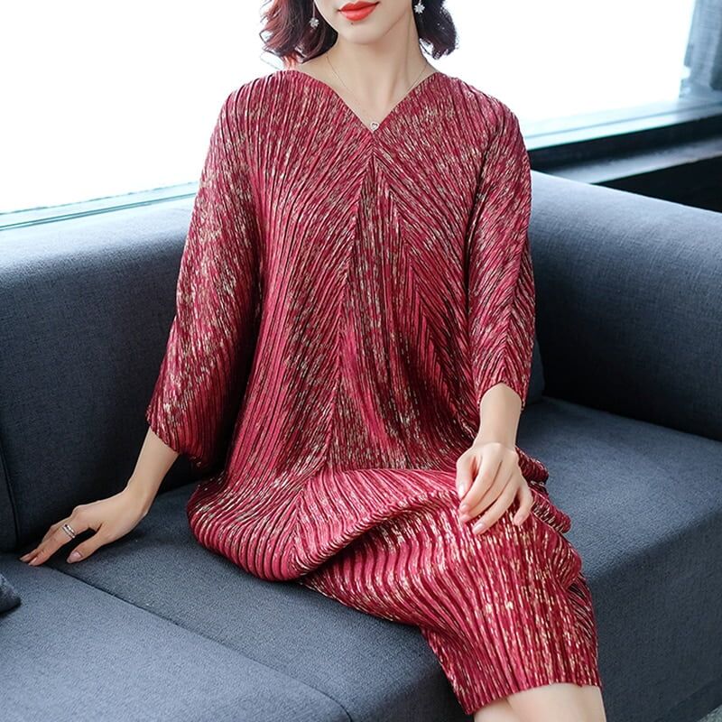 2021 New Women Autumn Loose Dress, Pleated Short Batwing ,Sleeve V Neck ,Mid Calf ,Length Large Size #NP - Image 4