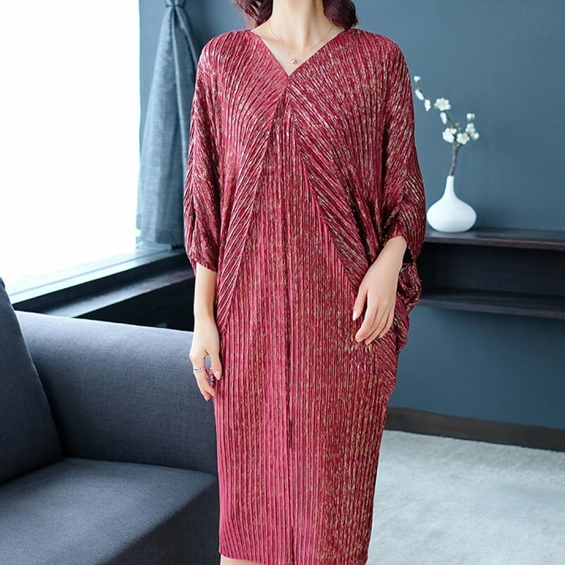 2021 New Women Autumn Loose Dress, Pleated Short Batwing ,Sleeve V Neck ,Mid Calf ,Length Large Size #NP - Image 5