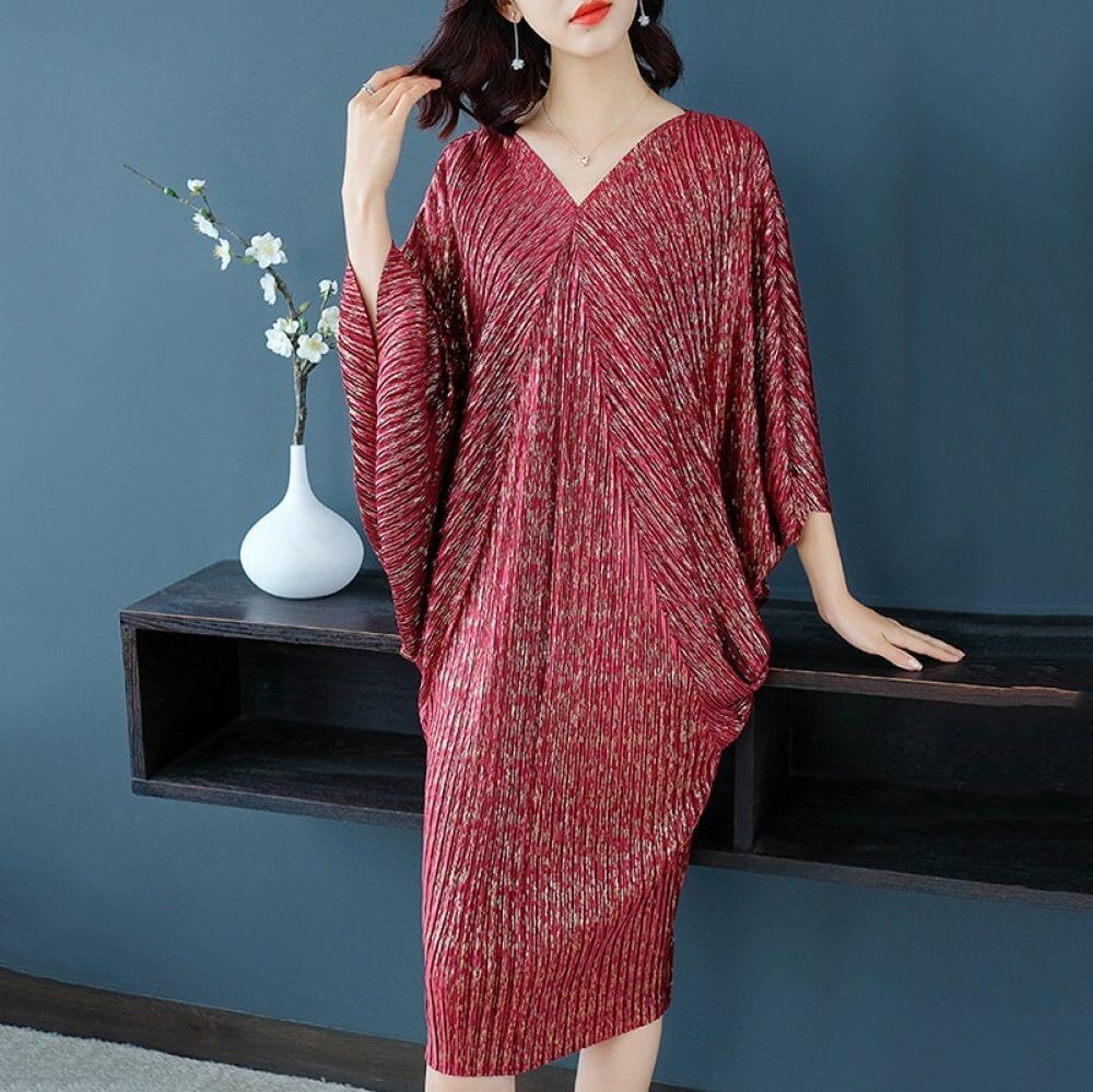 2021 New Women Autumn Loose Dress, Pleated Short Batwing ,Sleeve V Neck ,Mid Calf ,Length Large Size #NP - Image 6