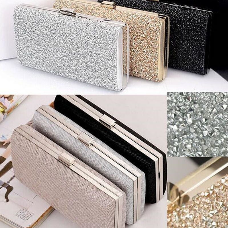 Women Evening Clutch, Bag Diamond , Sequin Clutch , Female Crystal Clutch , Wedding Purse, Party Banquet, Black/gold Silver Two Chain #NP