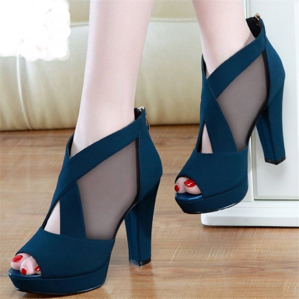 Gladiator Sandals , Women Shoes, Sexy Peep Toe Pumps Cross, Women's Blue Mesh , Ladies Shoe, High Heels Wedding Plus 35-40 # NP