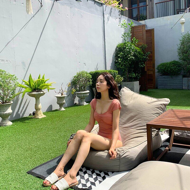 2021 New Korean Women Triangular One-piece , Sexy Swimsuit Steel-free, Pure Color, Rushed Short Sleeves Swimwear Backless # NP - Image 4