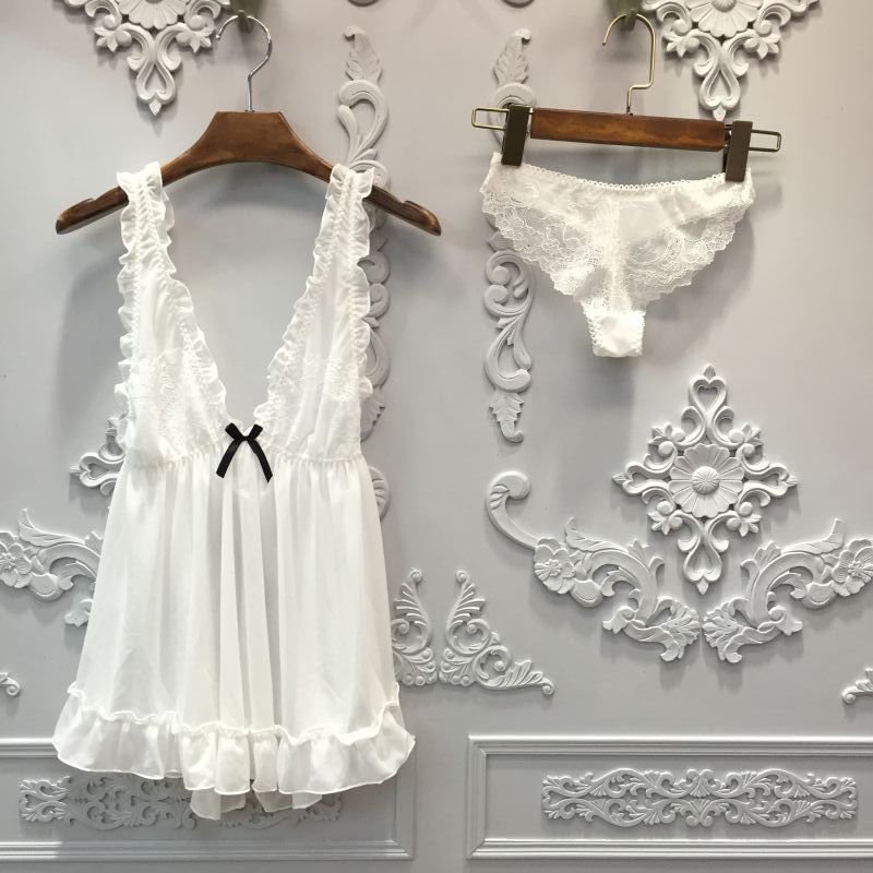 Sexy Women Nightgown Pantie Set , Deep V Lace Women Sleepwear.# NP