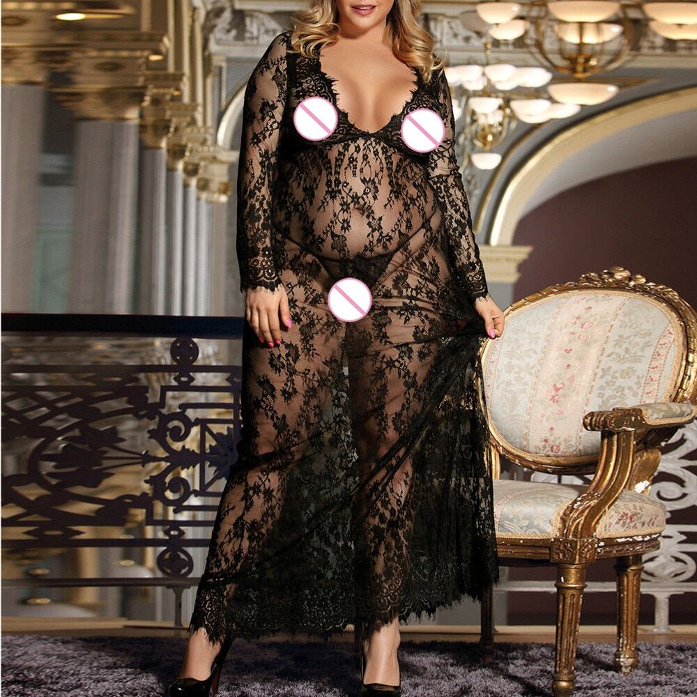 New Women Nightdress , Long Sleeved Lace , Perspective Sexy V-Neck Lace, Lingerie Sleepwear, Long Dress Underwear Baby doll Nightgown. # NP - Image 5