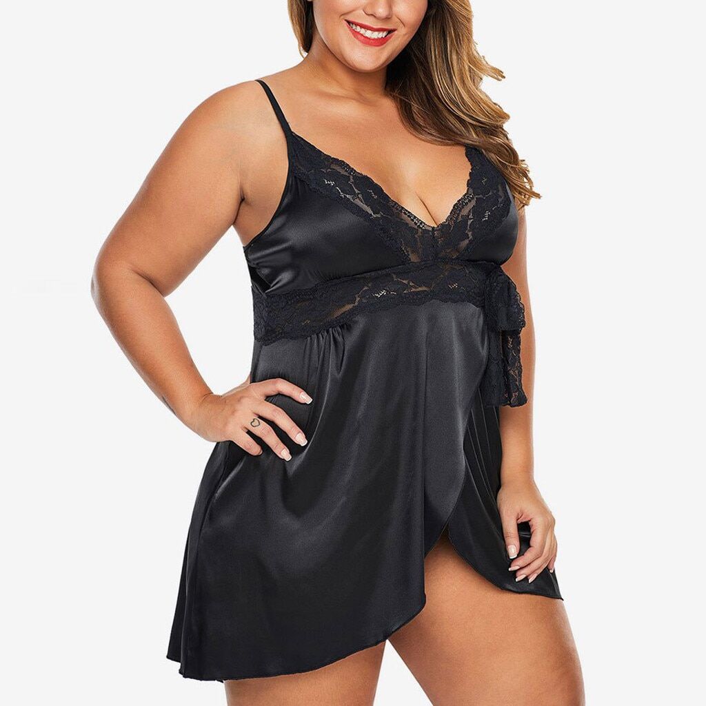 Silk Satin Night Dress , Women Lace Splice Deep V Neck , Nightgown Sleepwear, Baby doll Nightie , Home Wear Plus Size , Nightdress Panties.# NP - Image 2