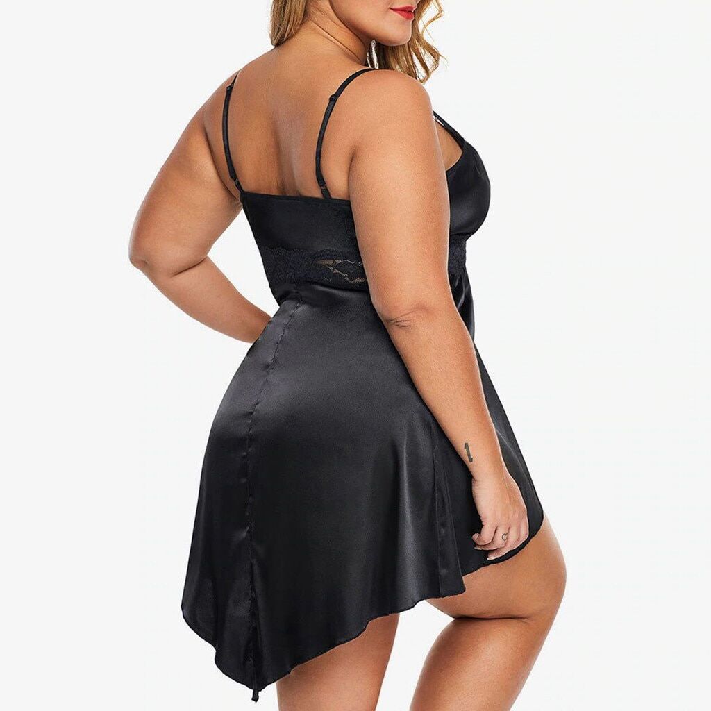Silk Satin Night Dress , Women Lace Splice Deep V Neck , Nightgown Sleepwear, Baby doll Nightie , Home Wear Plus Size , Nightdress Panties.# NP - Image 3