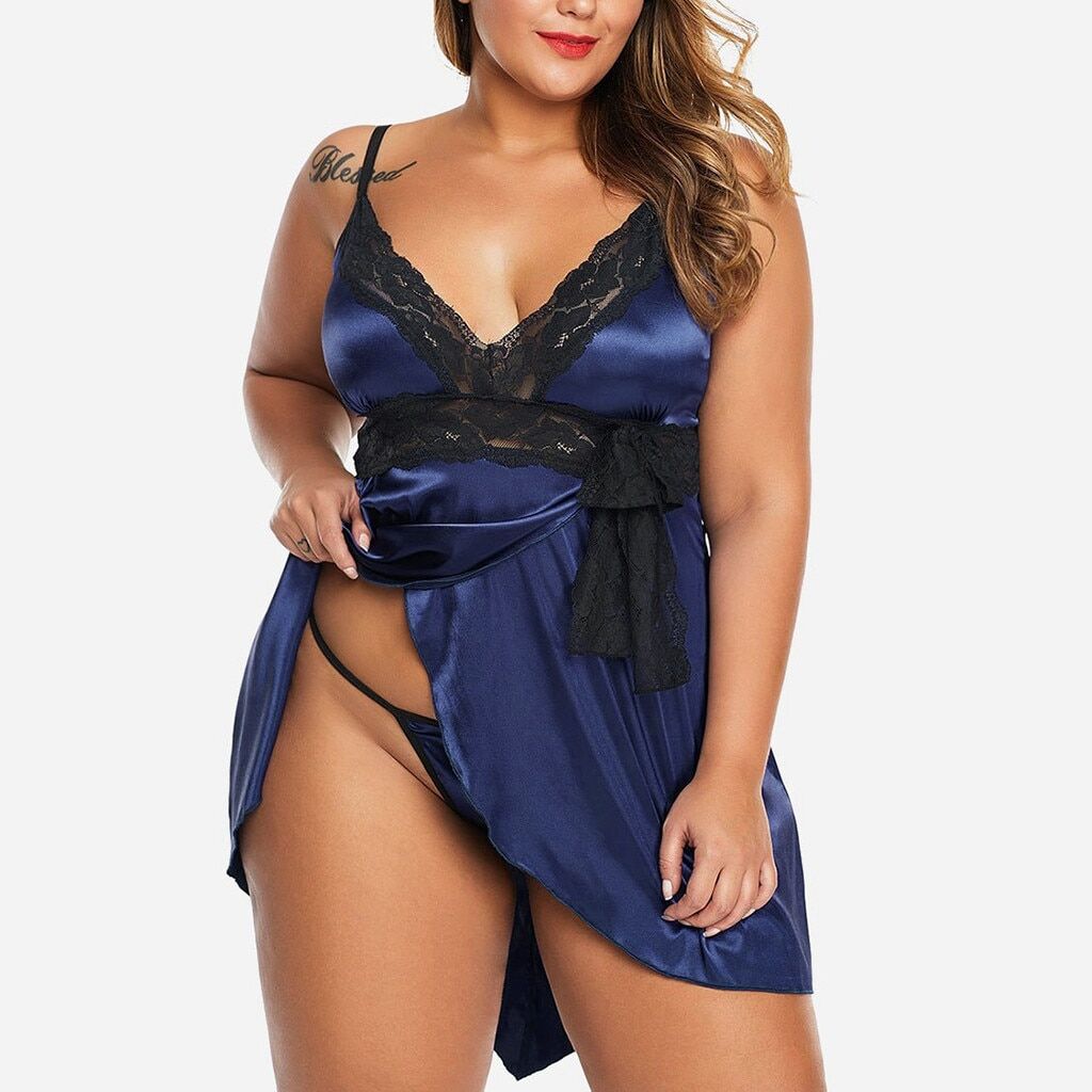 Silk Satin Night Dress , Women Lace Splice Deep V Neck , Nightgown Sleepwear, Baby doll Nightie , Home Wear Plus Size , Nightdress Panties.# NP - Image 5