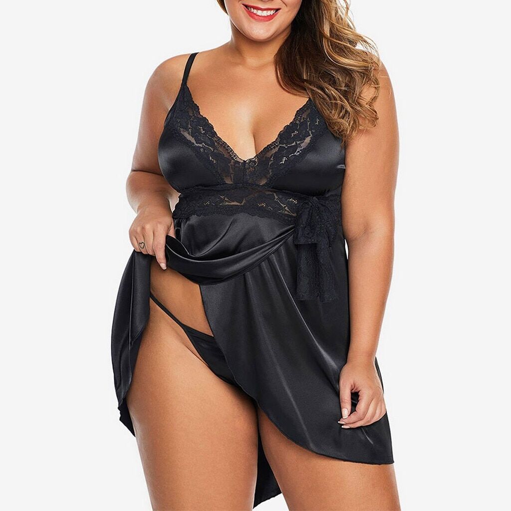 Silk Satin Night Dress , Women Lace Splice Deep V Neck , Nightgown Sleepwear, Baby doll Nightie , Home Wear Plus Size , Nightdress Panties.# NP
