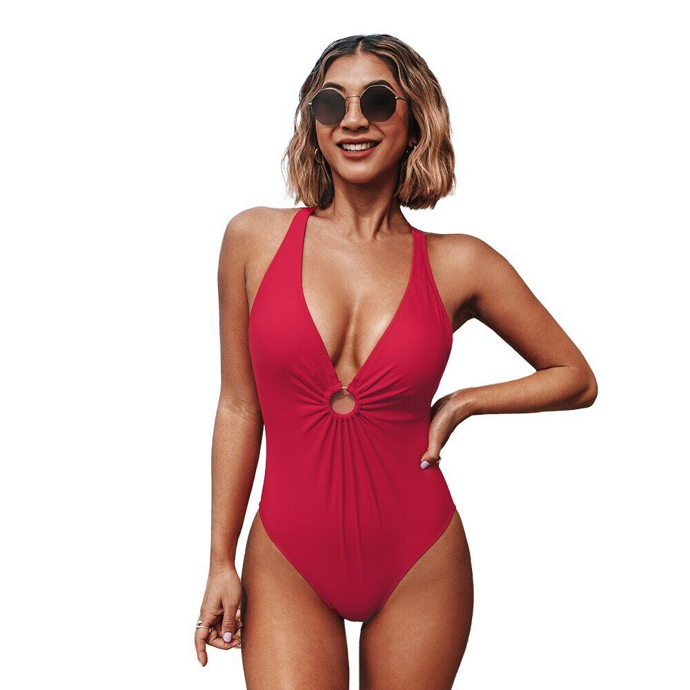Deep V-neck One-piece Swimsuit , Women Sexy O-Ring Solid Red Criss , Cross Back Swimwear , 2021 New Bathing Suit Beachwear. # NP - Image 4