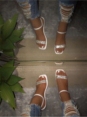 2021 Bling Summer Shoes , Women Rhinestone Sandals , Crystal Beach Slippers , ,Ankle-Wrap Black Flat Ladies Outdoor Holiday .# NP - Image 2