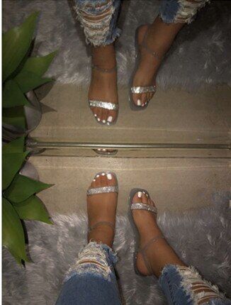 2021 Bling Summer Shoes , Women Rhinestone Sandals , Crystal Beach Slippers , ,Ankle-Wrap Black Flat Ladies Outdoor Holiday .# NP - Image 3