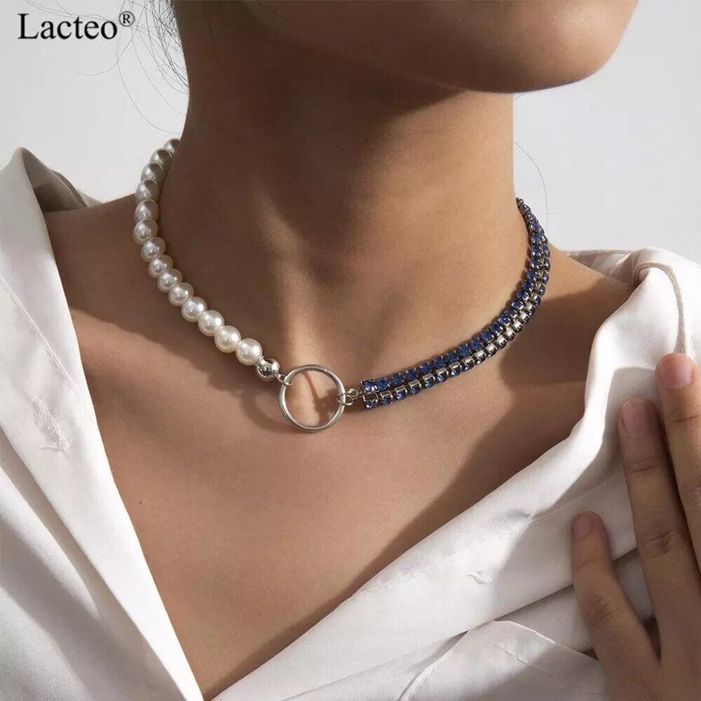Shiny Sexy Colorful Rhinestone Chain , Choker Necklace for Women , Bohemian Imitation Pearl ,Clavicle Chain ,Charm Necklace . # NP