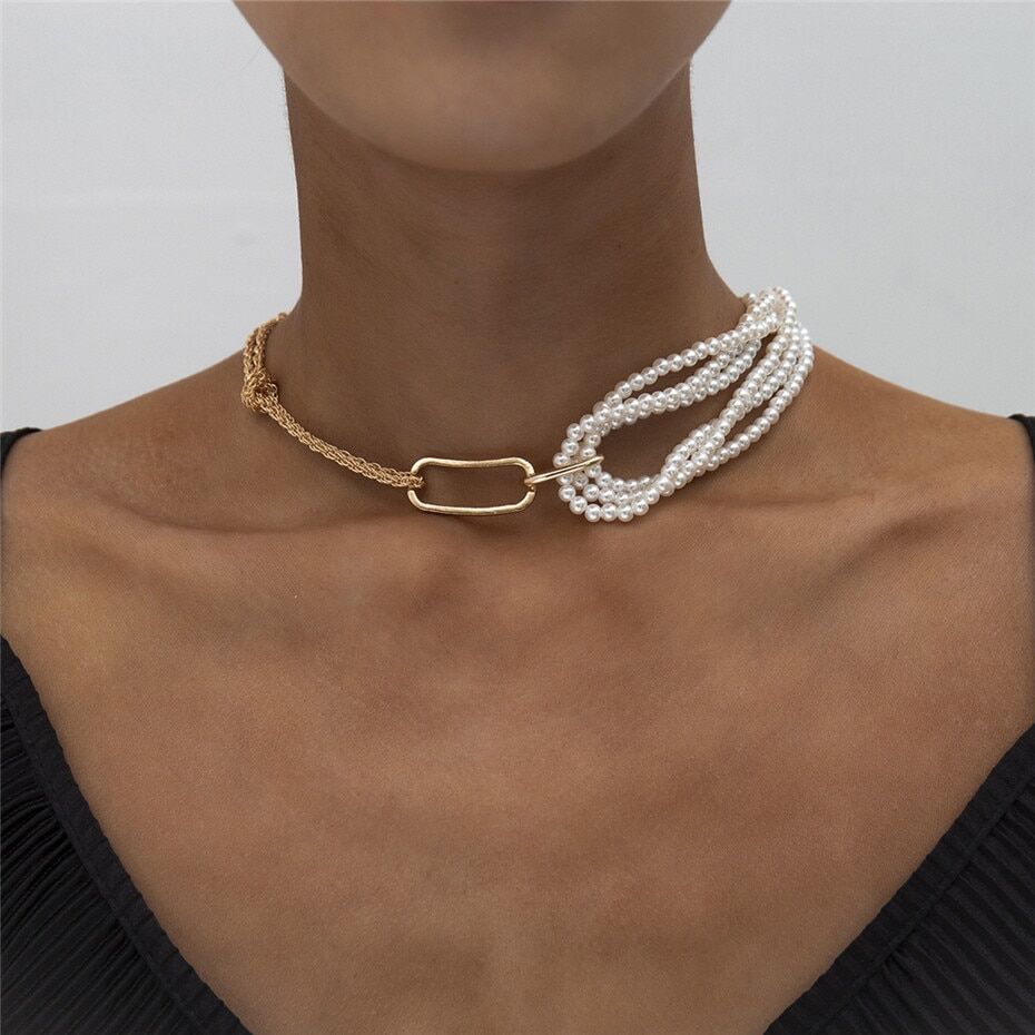 Unique Chunky Thick Twist Chain . Female Charm . Necklace . New Gothic Multi Layered . Imitation Pearl Pendant Necklace . # NP