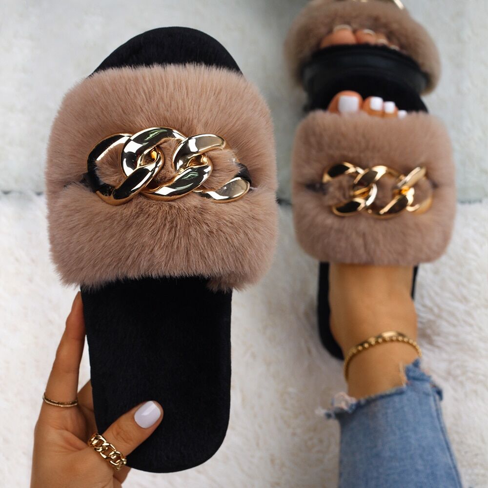 Fluffy Slippers Women Indoor , Metal Chain Decor , Bedroom Slippers, Sandals Flat Open Toe , Furry Slides , Ladies Luxury Designer Shoes # NP - Image 4