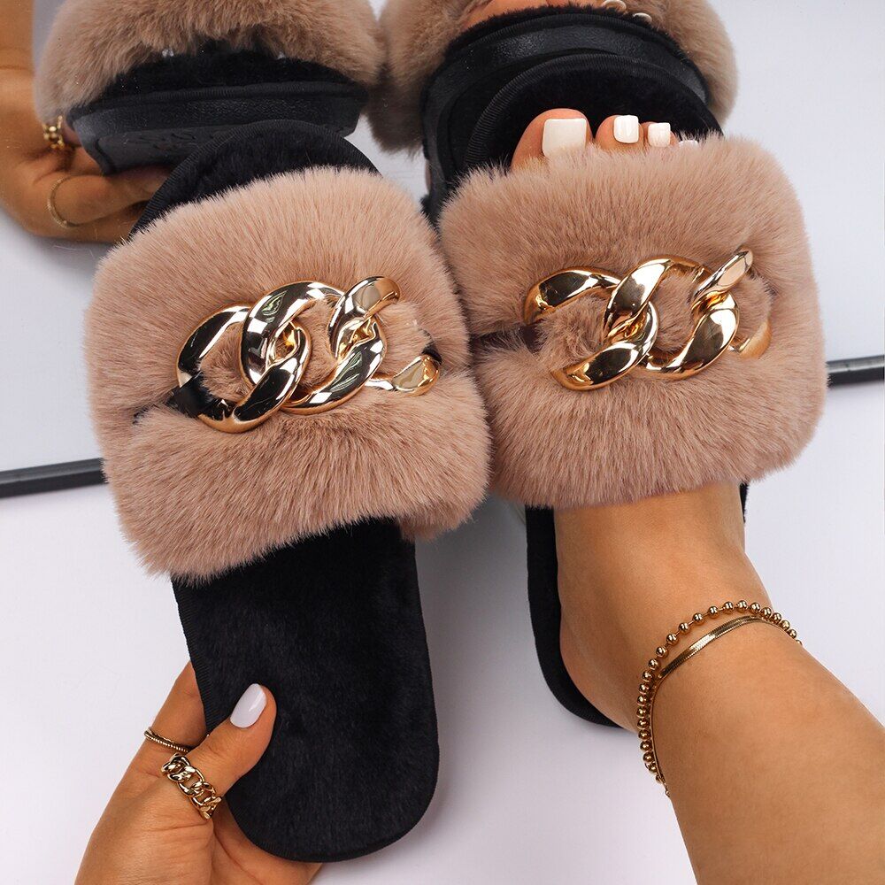 Fluffy Slippers Women Indoor , Metal Chain Decor , Bedroom Slippers, Sandals Flat Open Toe , Furry Slides , Ladies Luxury Designer Shoes # NP - Image 5