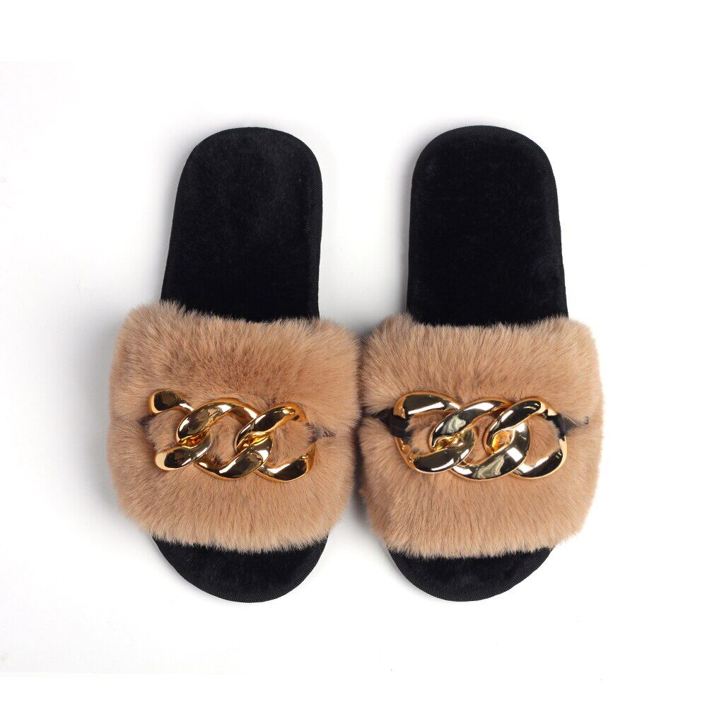 Fluffy Slippers Women Indoor , Metal Chain Decor , Bedroom Slippers, Sandals Flat Open Toe , Furry Slides , Ladies Luxury Designer Shoes # NP - Image 6
