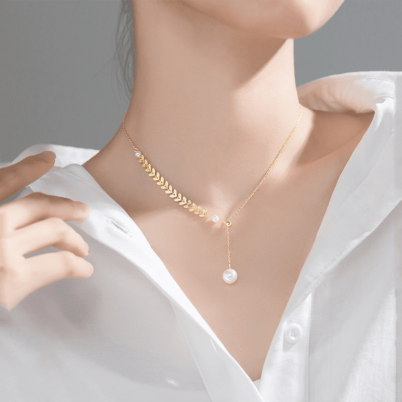 925 Sterling Silver Elegant Romantic Leaf Pearl Bead Pendant Chain , Necklace for Women, Clavicle Luxury Wedding Jewelry New # NP - Image 3